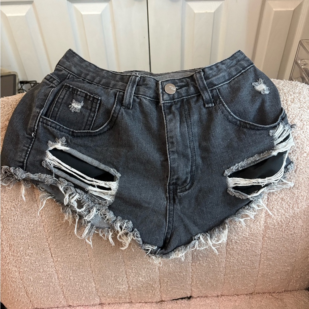 SHEIN Dark Gray Ripped Jean Shorts